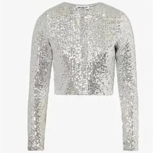 Good American Sequin Embellished Woven Silver Cardigan NEW Top Size XS $179